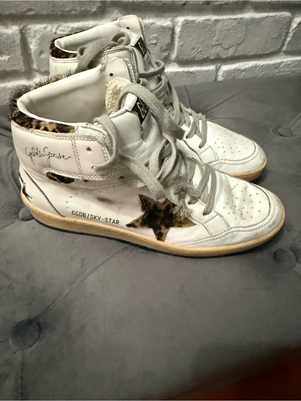 Golden Goose White Leather High-Top Sneakers with Leopard Star Accent